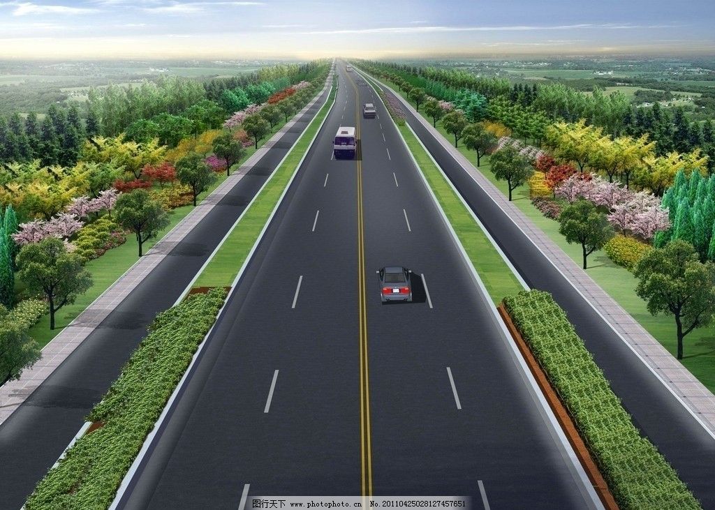 道路景观效果图 树木 汽车 马路 高速公路 景观效果图 公路俯视图