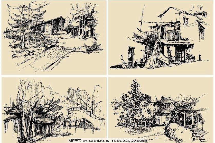 钢笔速写画 钢笔画 速写 素描 手绘 线描 风景 房屋 树 桥 建筑 古镇