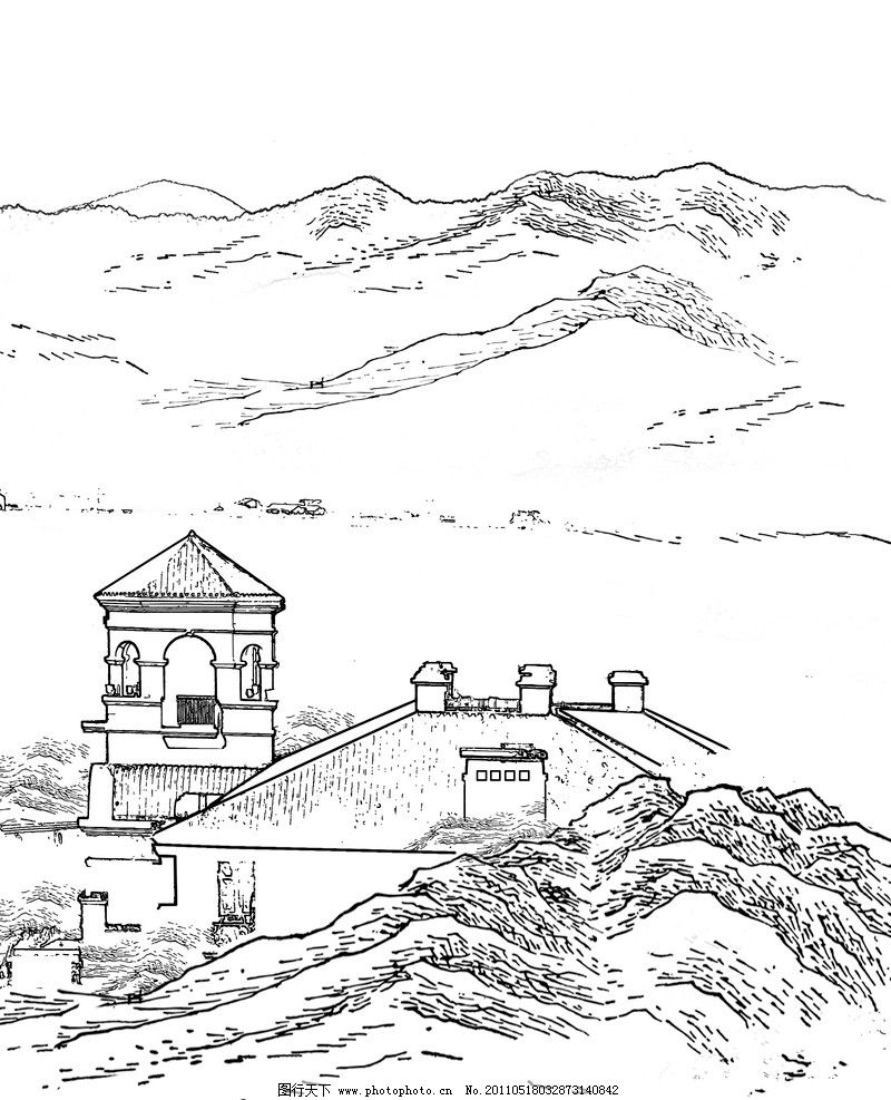 线描山水和别墅房子 别墅 山水 线描 风景 psd分层素材 源文件 300dpi