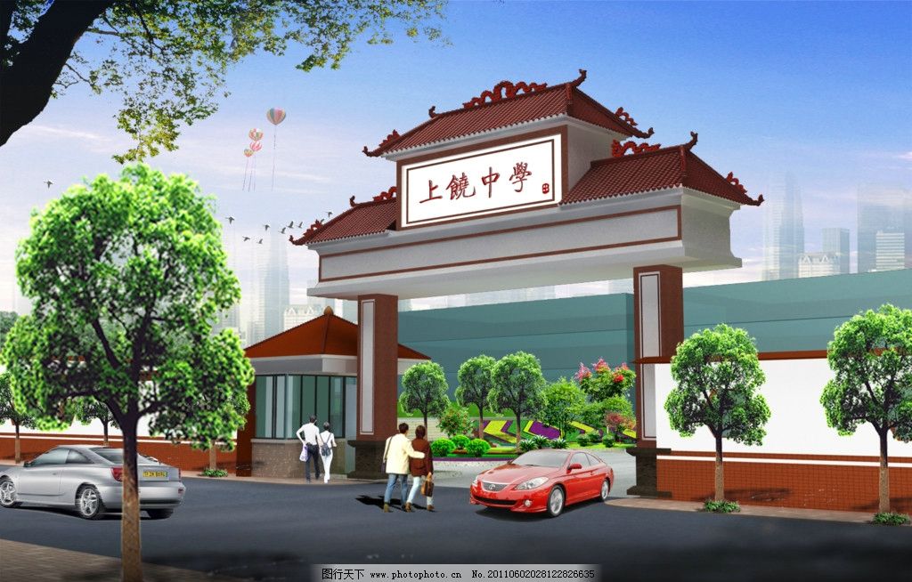 大门景观亮化效果图 别墅 长廊 乔木 建筑 学校 小区 公园 园林