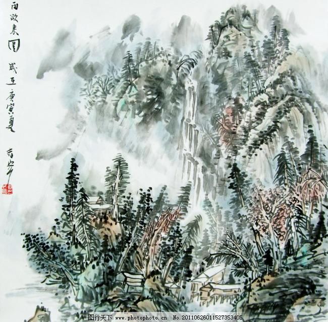 图片欲来图矩形,绘画高山国画艺术山雨房屋圆路设计图图片
