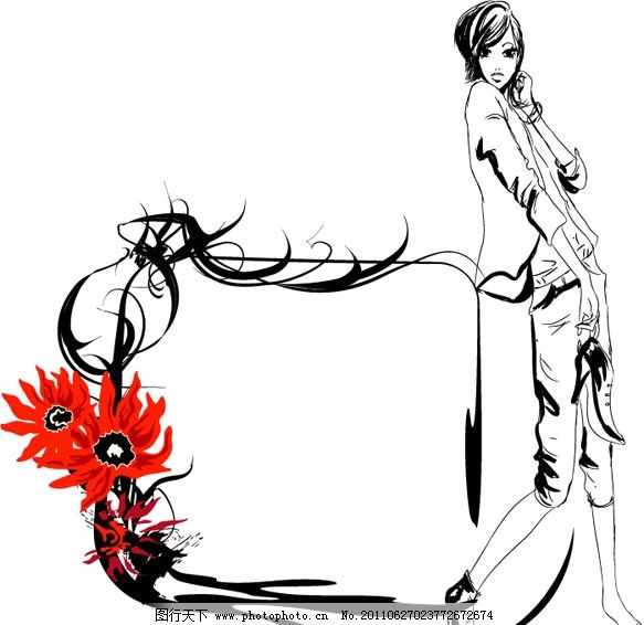 时尚女性与边框 女人 欧式 古典 花纹 花边 相框 动感 线条